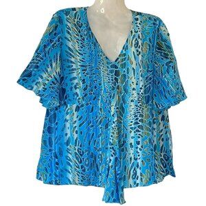 Diane Gilman NEW Silk Blouse Peacock Blue and Green V-Neck with Flutter Sleeve